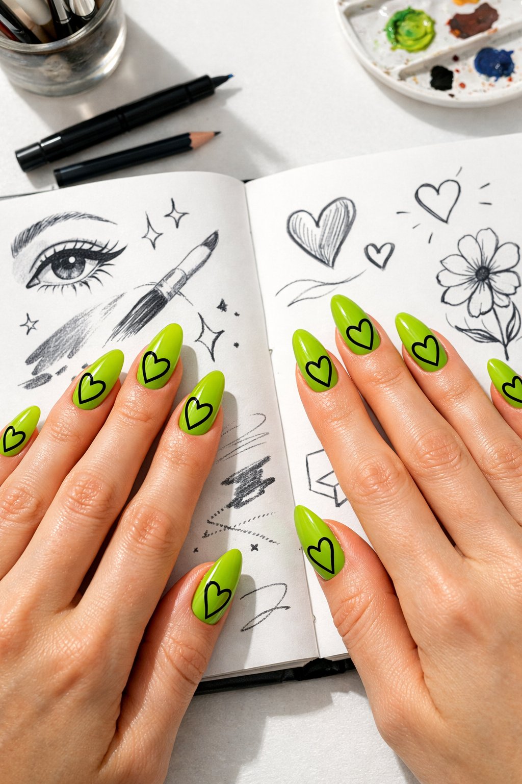Overhead shot of hands with medium almond nails tapping on a sketchbook. The nails are a vivid, glossy lime green. On each nail, a heart is outlined in a single, precise stroke of black lacquer. Direct, bright light makes the graphic lines pop. The vibe is artistic and confident