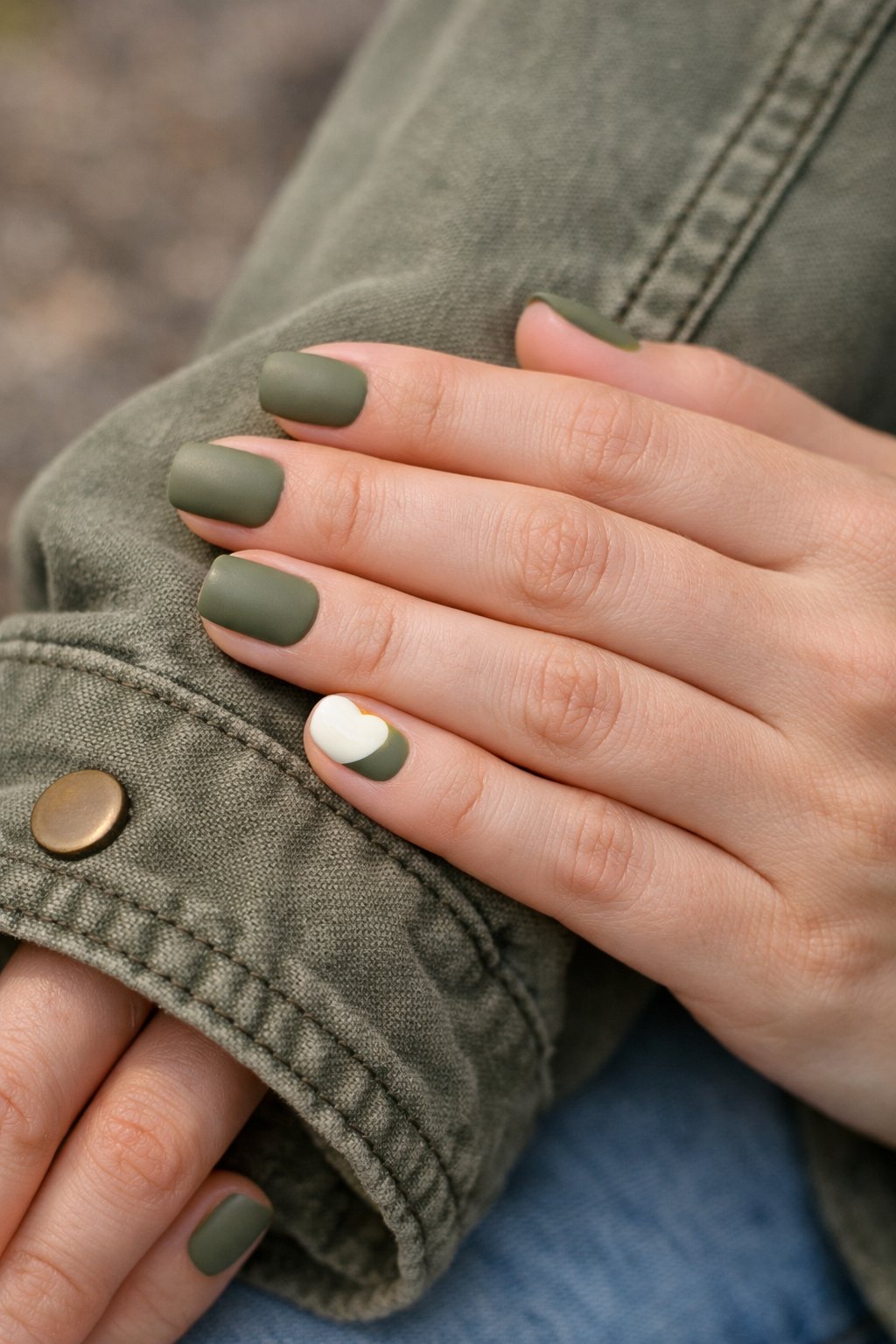 Overhead shot of hands resting on a canvas jacket sleeve. The nails are a short, square shape painted a matte olive drab green. On the ring finger, a solid, creamy eggshell white heart is centered. Natural outdoor light keeps the look casual and cool. The mood is effortless and modern.