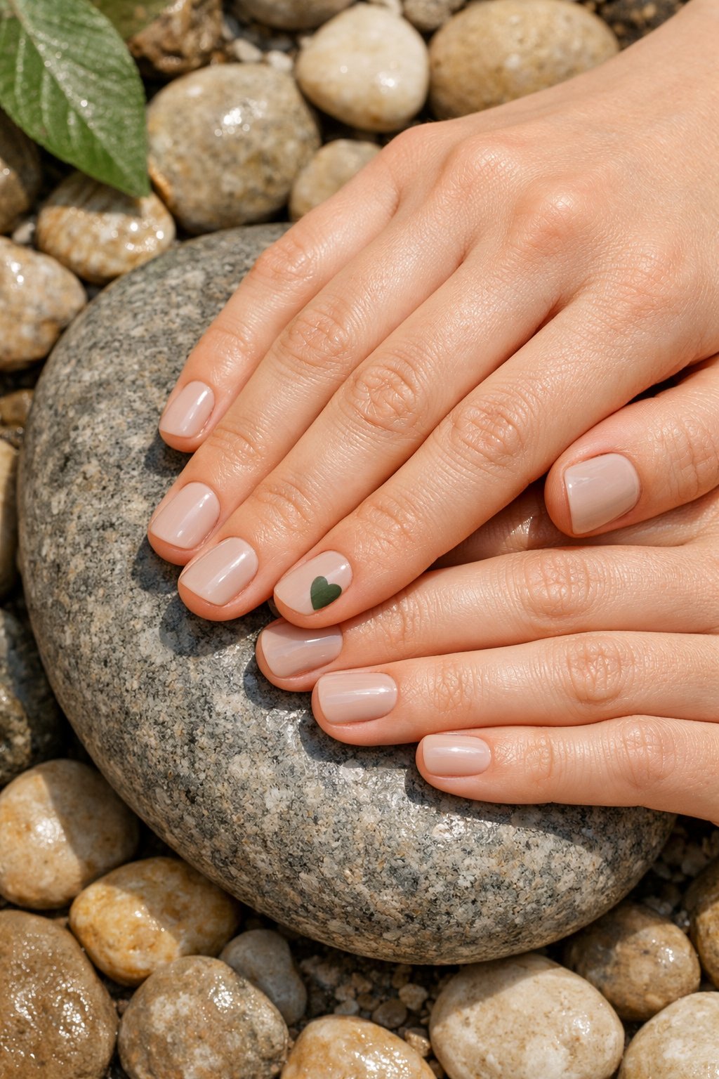 Overhead shot of hands with very short, natural nails resting on a smooth river stone. The nails have a barely-there wash of sheer greige. On the ring finger, a single, small, matte moss green heart is placed close to the base. Bright, natural light keeps the look clean and organic. The aesthetic is minimalist and grounded.