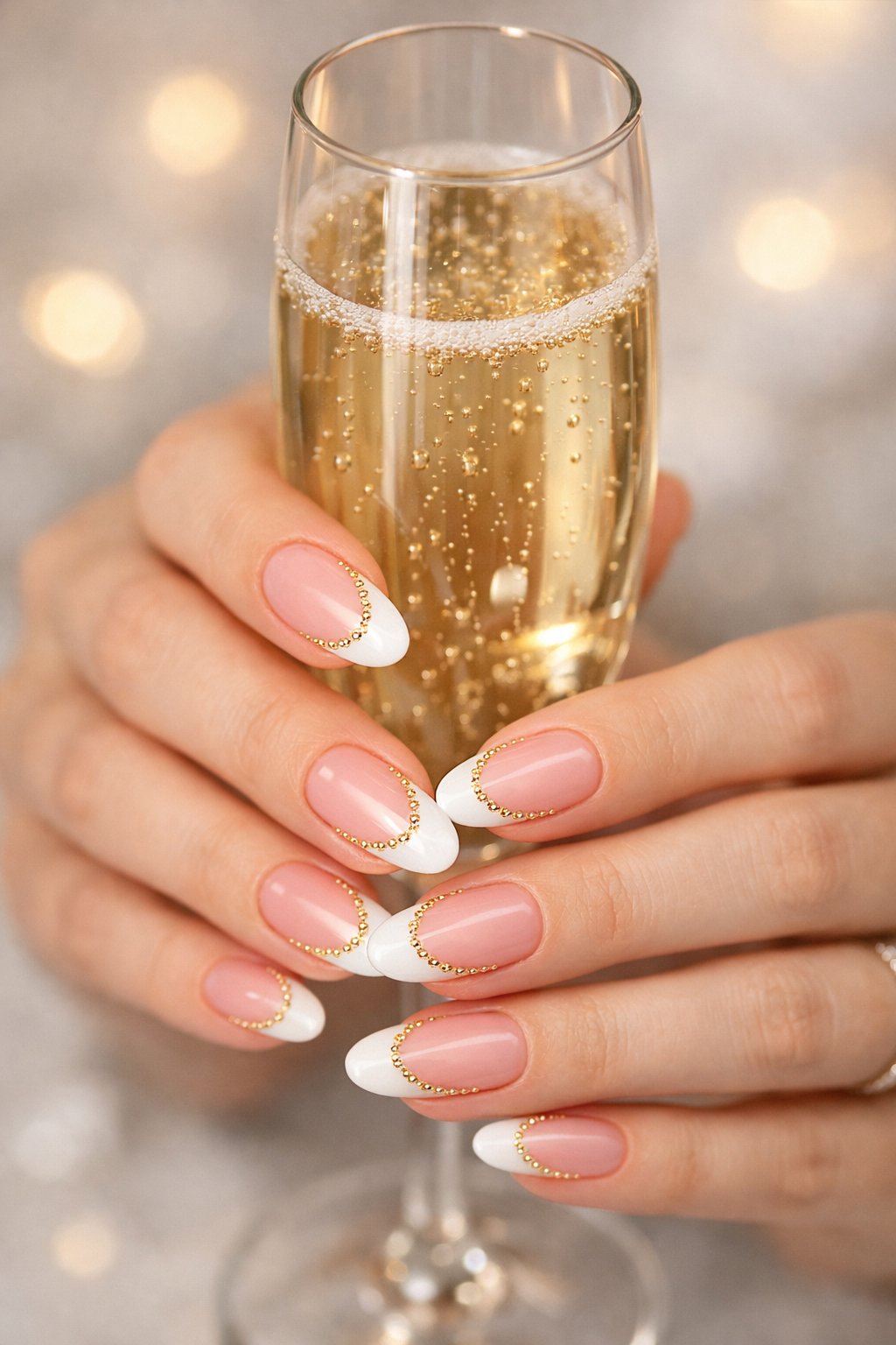 Overhead shot of hands lightly holding a champagne flute. The nails are long and oval with a sheer pink base and glossy white French tips. A continuous, delicate chain of microscopic gold hearts outlines the entire white tip on each nail. Soft, ambient light makes the gold border twinkle. The look is celebratory and elegant.