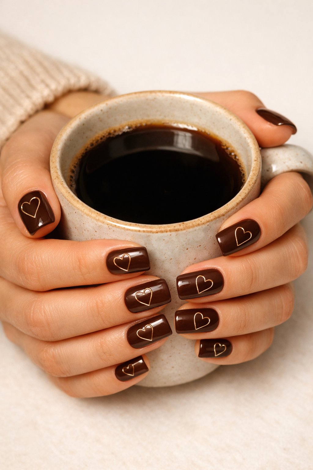 Overhead shot of hands cradling a ceramic coffee mug. The nails are a medium squoval shape, painted a glossy chocolate brown. On each nail, a heart is outlined in a thin, precise line of metallic gold. Soft, warm lighting highlights the gold against the brown. The vibe is cozy and elegant.