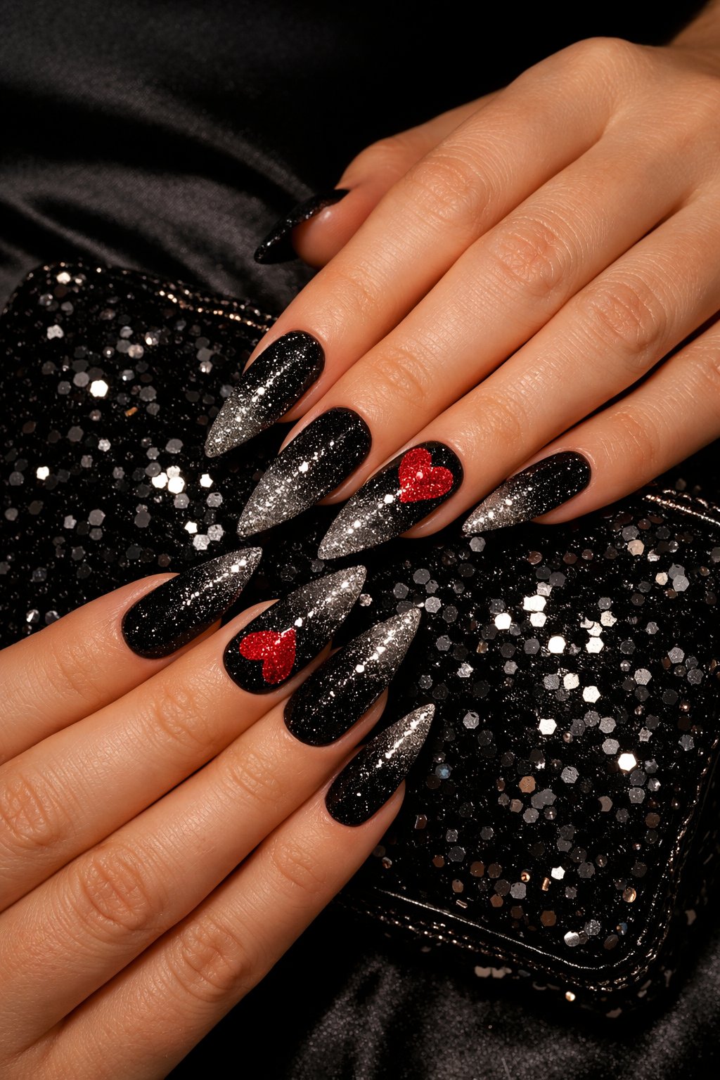 Overhead shot of hands with stiletto nails draped over a sequined black clutch. The manicure is a gradient of black glitter, most intense at the nail beds. On the ring finger, a bold heart shape is created with vibrant red glitter, positioned near the cuticle. Low, ambient light makes both glitters sparkle intensely. The mood is luxurious and daring.