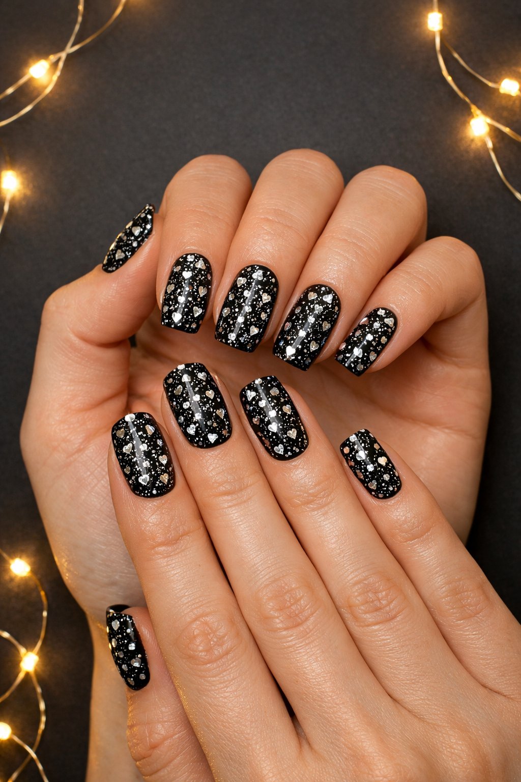 Overhead shot of hands with medium-length nails against a dark backdrop. The manicure is a simple glossy black. Across every nail, hundreds of tiny, reflective silver glitter hearts are scattered densely, catching the light from a nearby string of fairy lights. The feel is celebratory, starry, and enchanting.