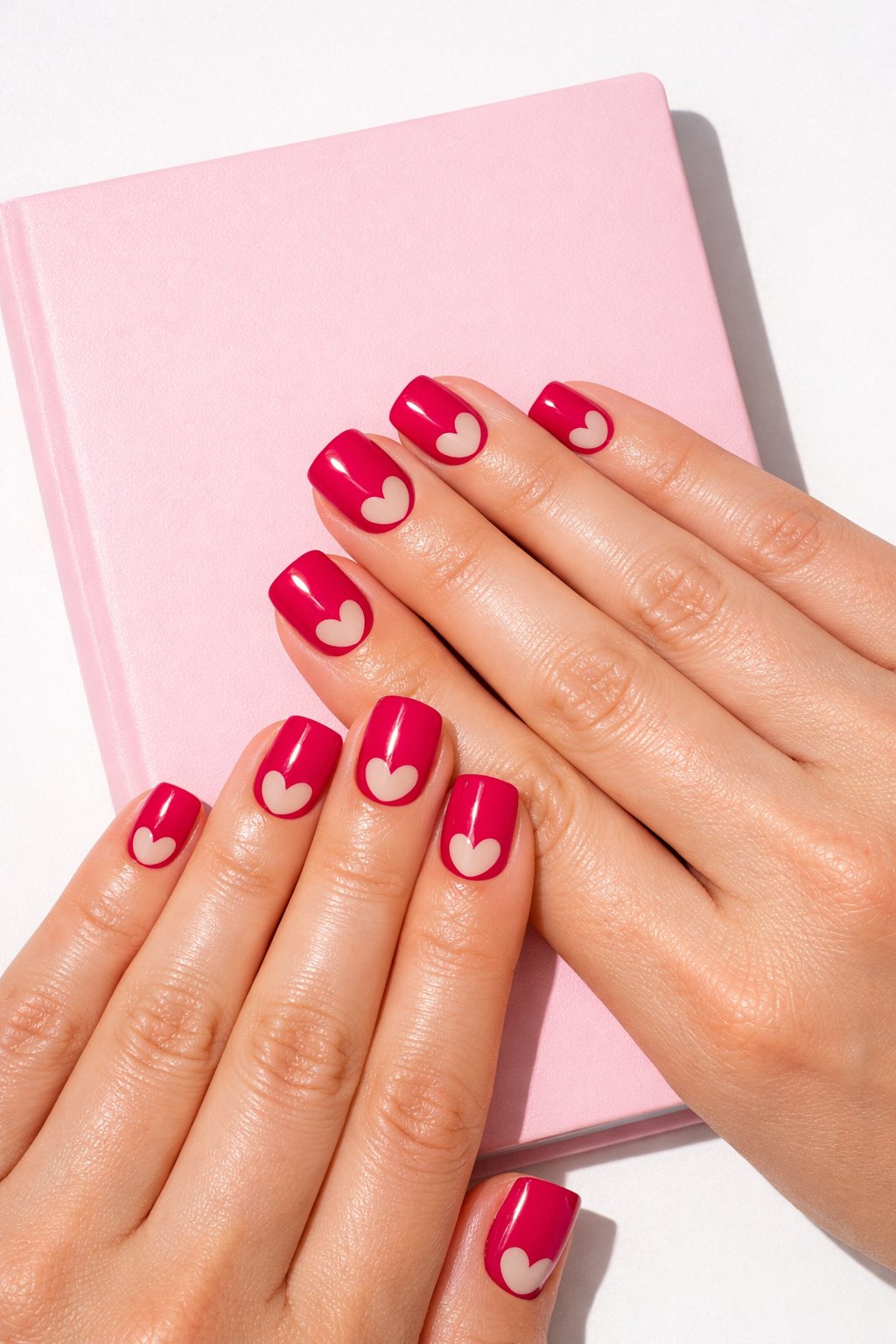 Overhead shot of hands with short, square nails on a minimalist pink notebook. The nails are a high-gloss fuchsia. Each has a crisp, heart-shaped negative space cut-out near the free edge. Bright, direct light creates a strong contrast between the shiny pink and natural nail. The feel is fresh and playful.