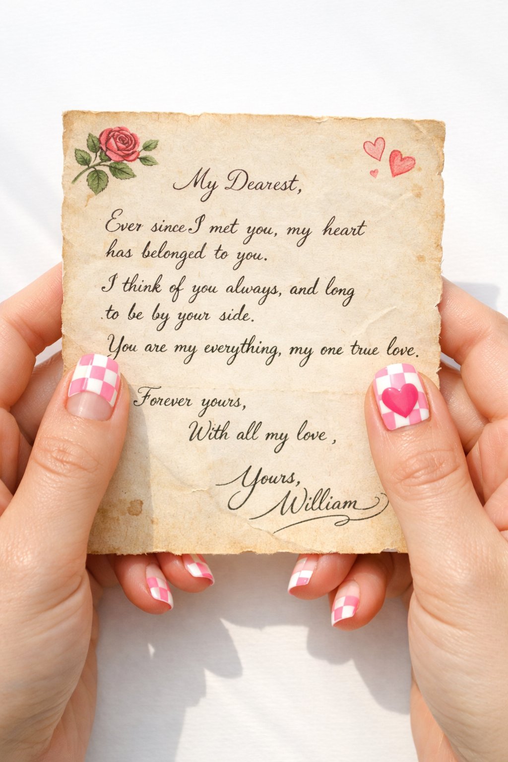 Overhead shot of hands with short, rounded nails holding a vintage-style love letter. Nails have clear bases with pink and white checkerboard French tips. On the thumb, the central square is a solid hot pink heart. Daylight keeps the colors bright and the pattern crisp. The vibe is cute and nostalgic.