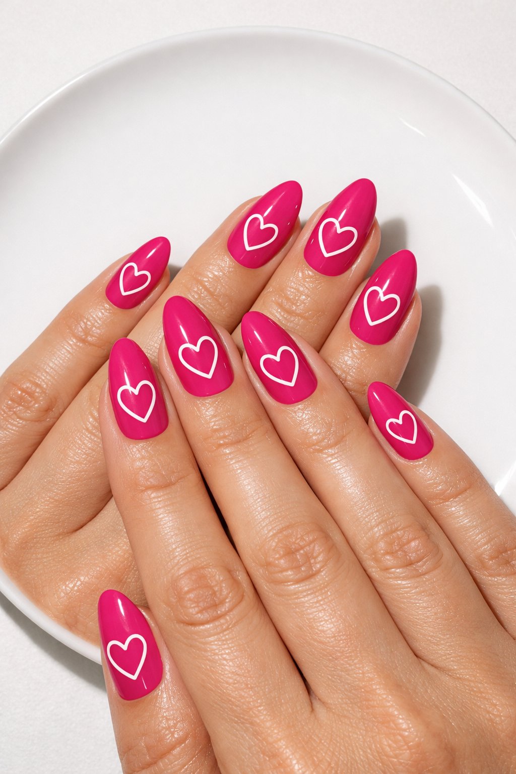 Overhead shot of hands with medium almond nails resting on a bright white plate. The nails are a vivid, glossy magenta. On each nail, a heart is outlined in a single, precise stroke of white lacquer. Direct, bright light makes the white pop against the vibrant pink. The vibe is confident and fun.