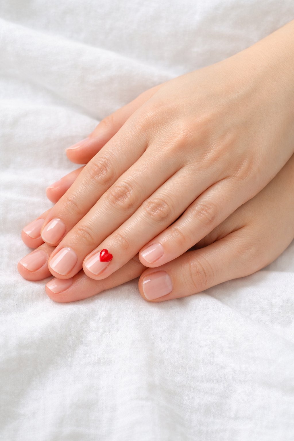 Overhead shot of hands with very short, natural nails resting on a simple cotton sheet. The nails have a barely-there wash of sheer pink. On the ring finger, a single, small, glossy red heart is placed close to the base. Bright, natural light from a window keeps the look clean and intentional. The aesthetic is minimalist and meaningful.