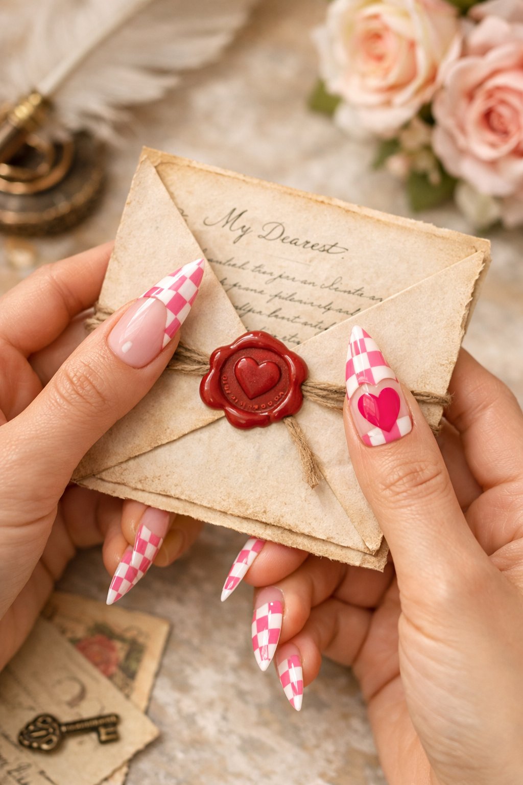Overhead shot of hands with short, rounded nails holding a vintage-style love letter. Nails have clear bases with pink and white checkerboard French tips. On the thumb, the central square is a solid hot pink heart. Daylight keeps the colors bright and the pattern crisp. The vibe is cute and nostalgic. Give an entirely new look. make the length long and stiletto shape