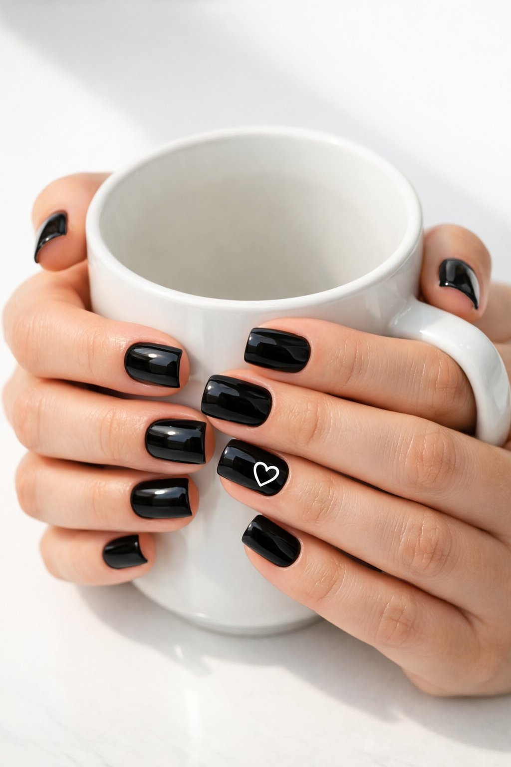 : Overhead, top-down view of feminine hands with short, square nails resting on a white ceramic mug. The nails are a deep, glossy black. On one ring finger, a single, precise heart is outlined in crisp white lacquer. Bright, natural light from a window reflects off the glossy finish, making the white pop. The mood is minimalist and chic.