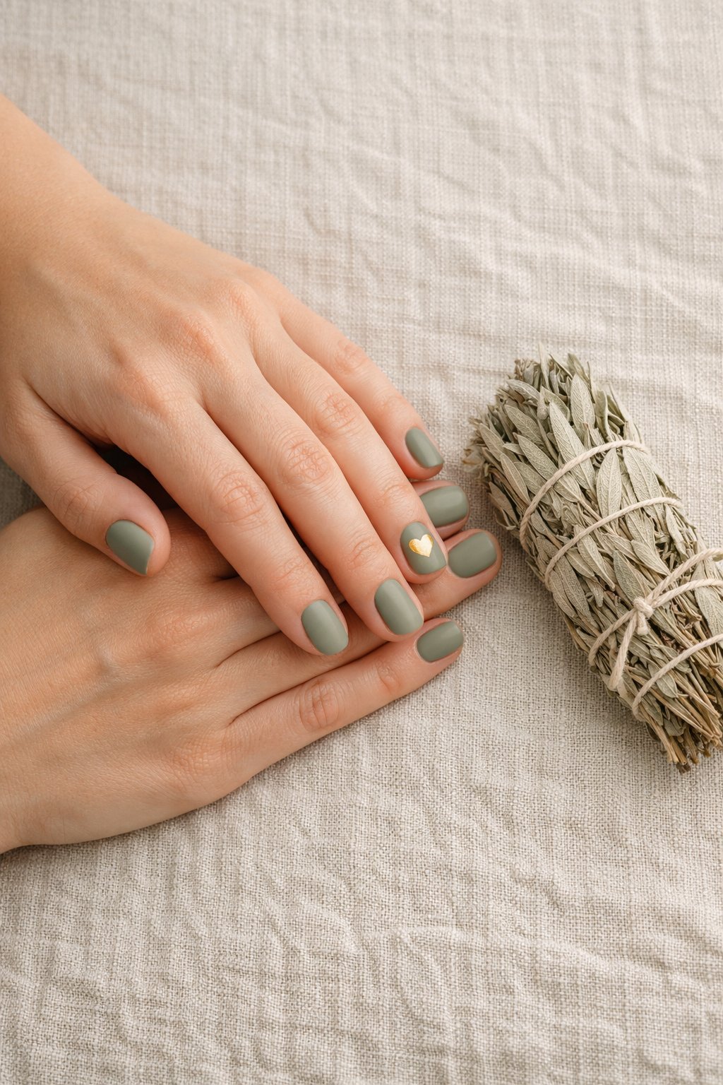 Overhead, top-down view of feminine hands with short, rounded nails resting on a textured linen tablecloth next to a dried sage bundle. The nails are a flat, dusty sage green. On the ring finger, a small, shiny gold foil heart sits near the cuticle. Soft morning light highlights the metallic accent against the matte green. The mood is tranquil and chic.