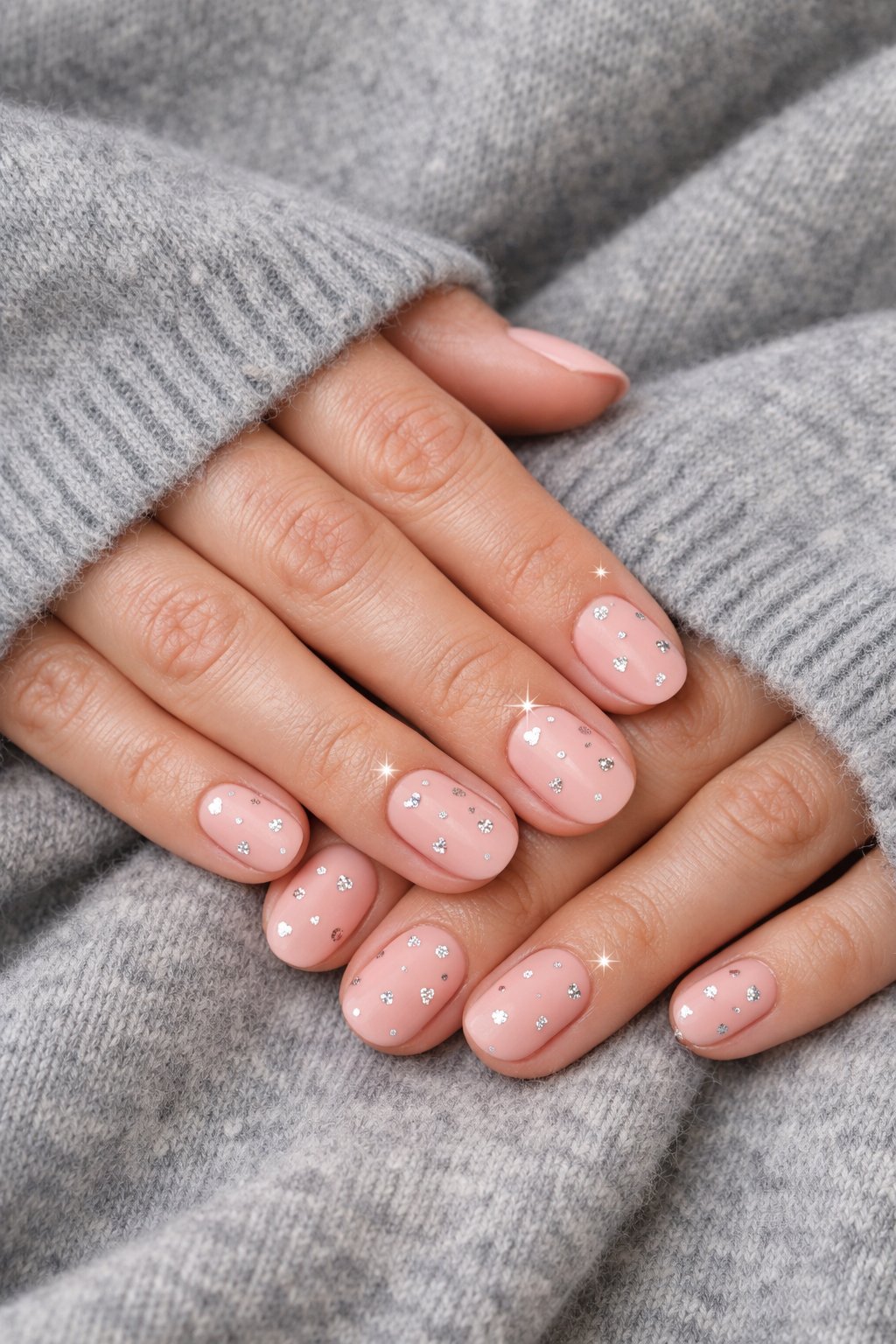 Overhead, top-down view of feminine hands with short oval nails resting on a soft, grey cashmere sweater. The nails are a matte ballet pink. Across all nails, tiny, reflective silver glitter hearts are scattered sporadically. Soft, natural light from a window makes the glitter twinkle gently. The mood is cozy and subtly festive