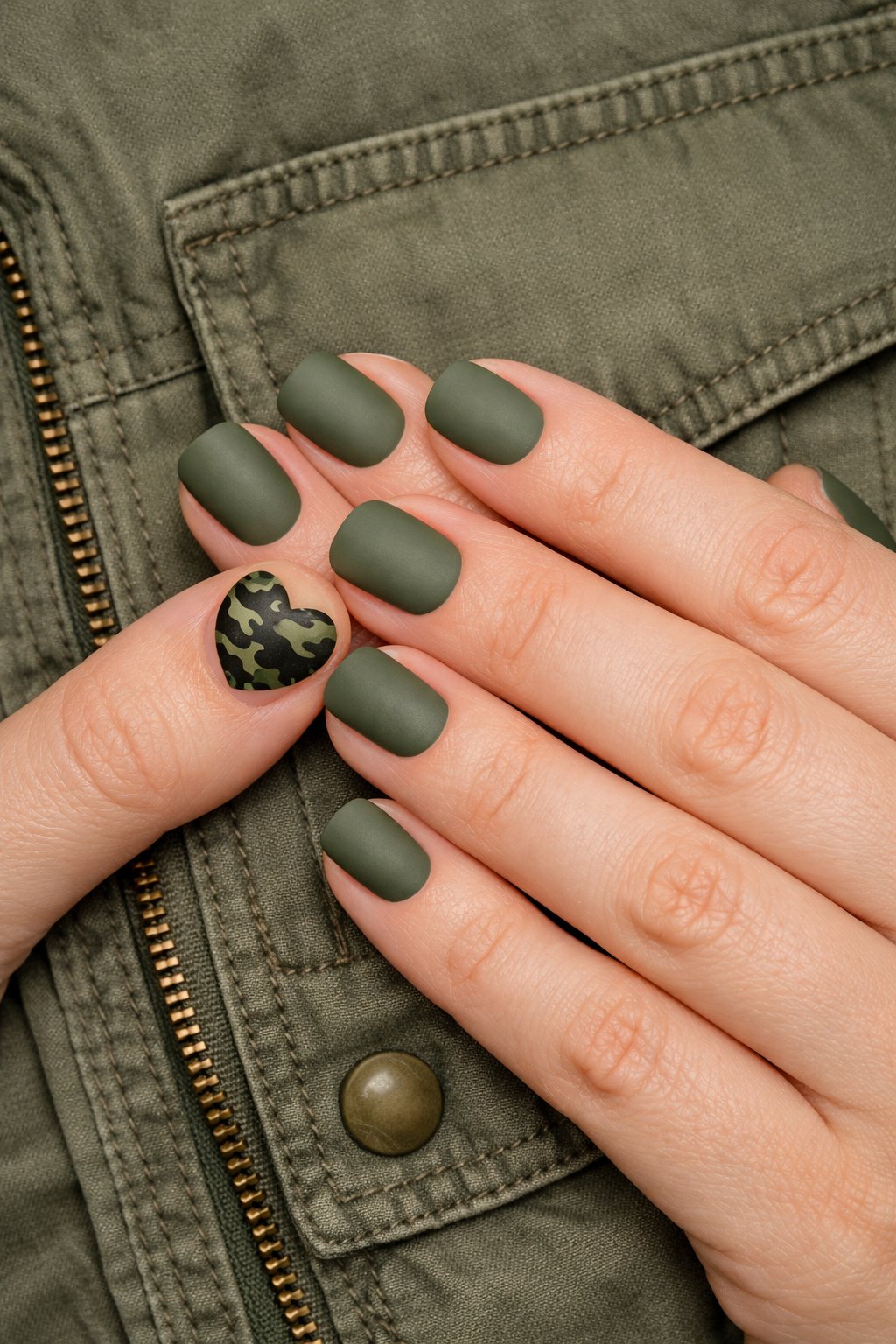 Overhead view of hands with short nails resting on a green utility jacket. The nails are a flat matte army green. On the thumb, a small heart is painted with a detailed camo pattern using dark green, black, and khaki. Even, neutral lighting shows off the detailed pattern. The look is rugged and playful.