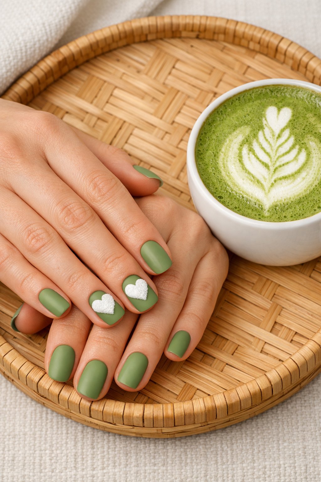 Overhead view of hands with short nails resting on a bamboo tray next to a matcha latte. The nails are a matte matcha green. On the ring finger, a heart is created with a textured, fluffy white gel that rises above the nail surface. Soft lighting shows off the 3D texture. The vibe is cozy and trendy.
