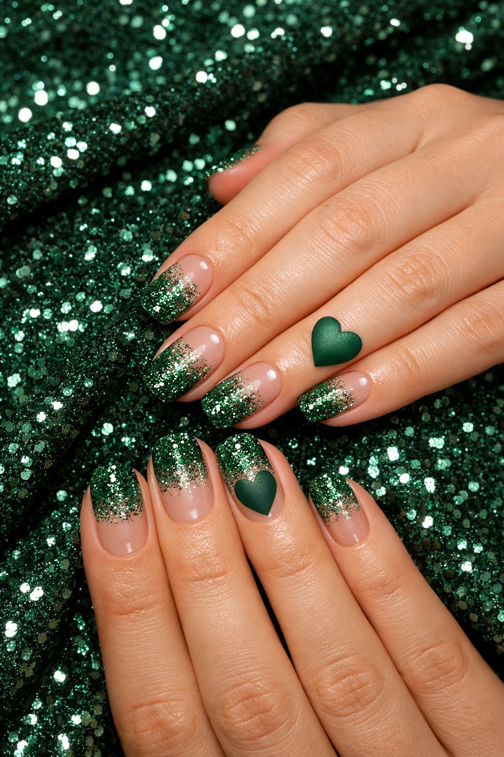 Overhead view of hands resting on a sequined fabric. The manicure is a gradient of fine emerald glitter from the tip upward. On the ring finger, a solid, matte forest green heart is placed in the center of the glittery area. Studio lights make the glitter sparkle behind the matte shape. The feel is festive yet chic.