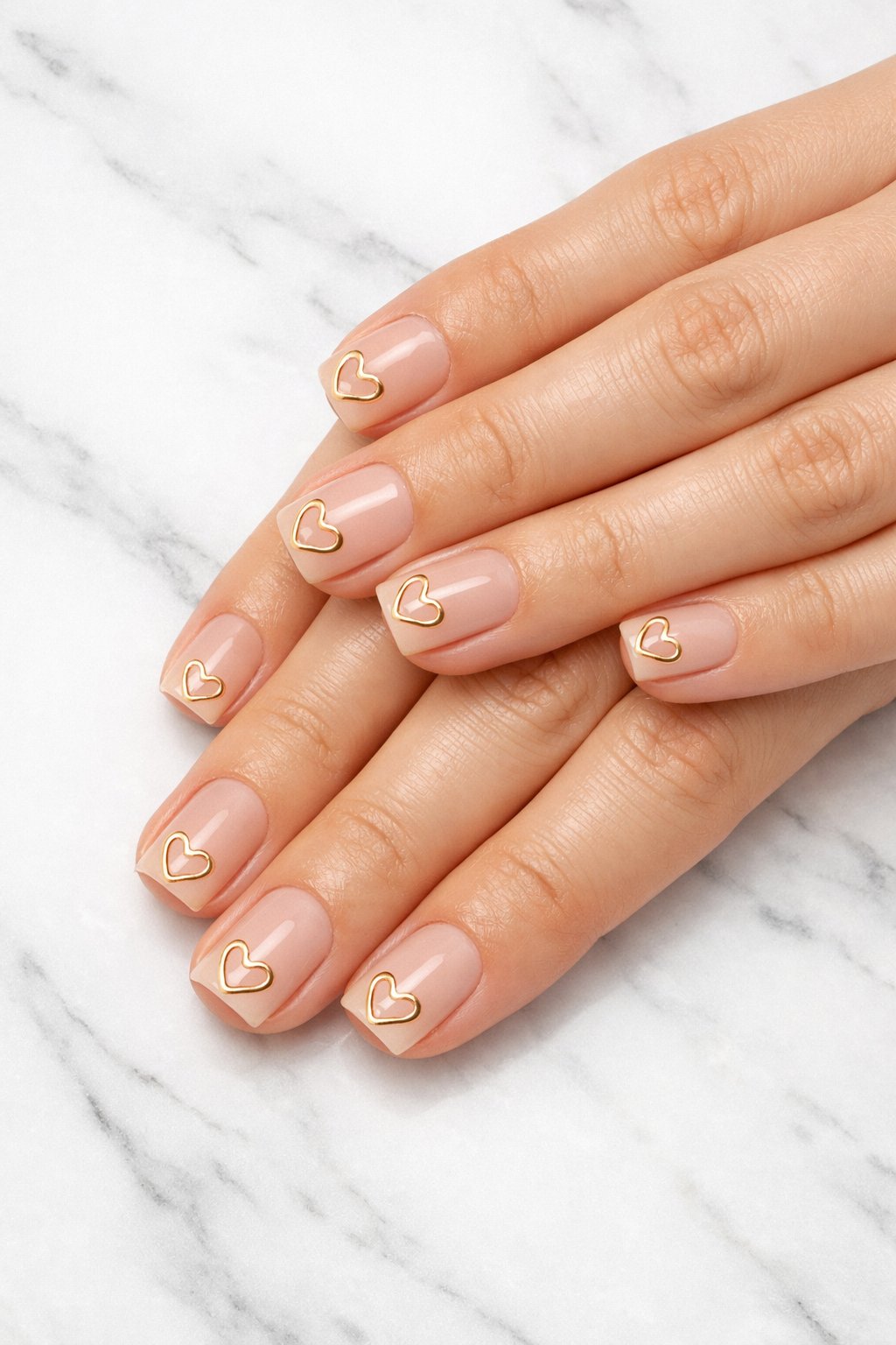 Overhead view of hands with short, square nails on a white marble surface. The nails are bare and natural. A thin, shiny gold outline of a heart is positioned near the free edge on each nail. Clean, bright lighting makes the metallic line pop against the natural nail. The feel is architectural and fresh.