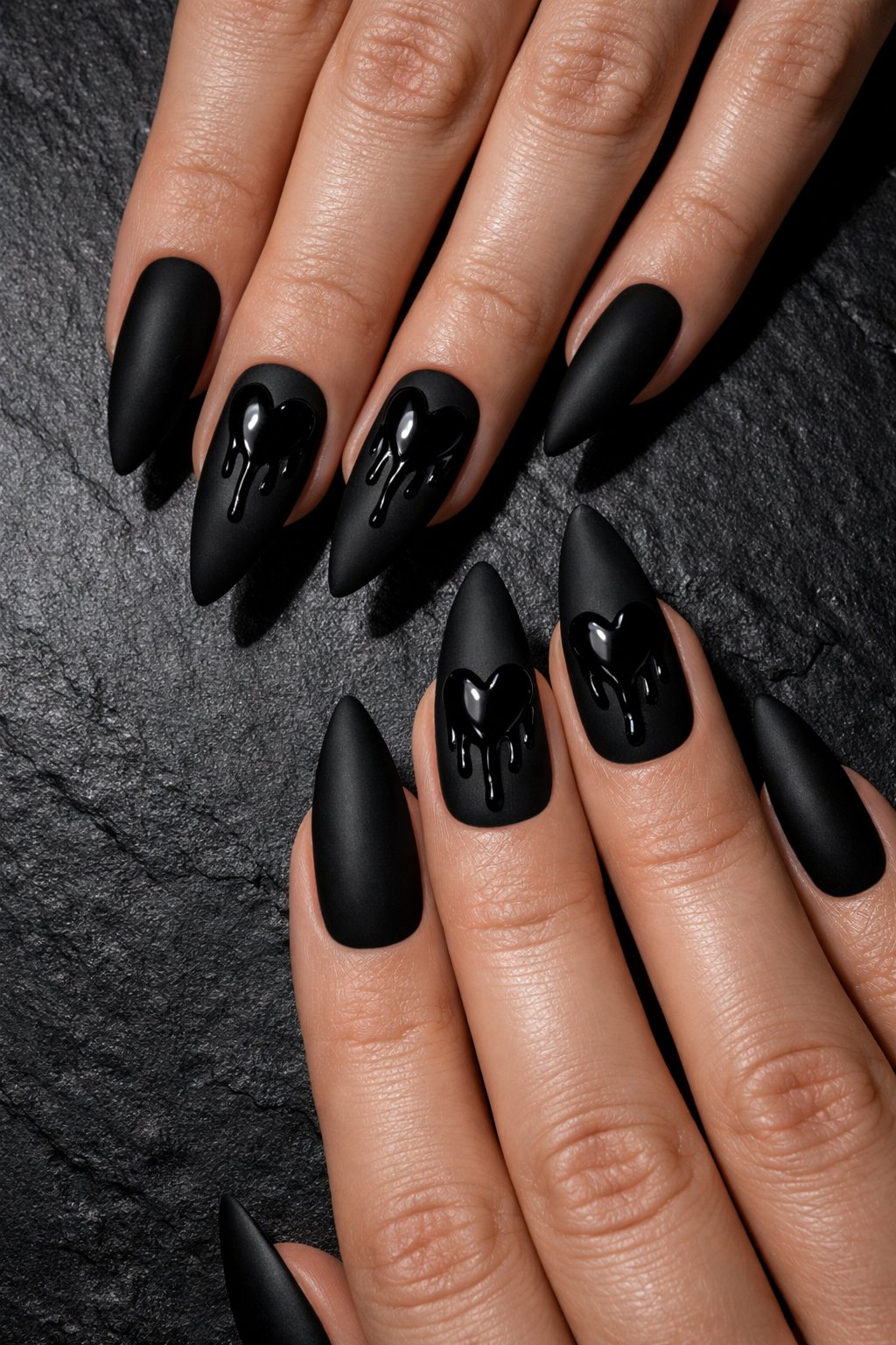 Overhead view of hands with long, pointed nails on a dark slate surface. Nails are a flat matte black. On the middle finger, a glossy black heart has subtle, thick drips running from its base down the nail. Moody, side lighting creates shadows in the drips. The atmosphere is intense and expressive.