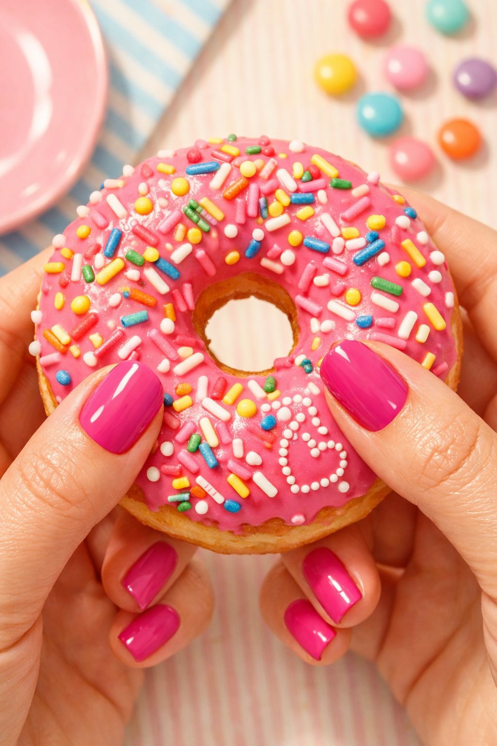 Overhead view of hands playfully holding a pink donut with sprinkles. The nails are a glossy, bold blue-based pink. On the ring finger, a heart is outlined not with a line, but with a connected chain of perfect little white dots. Bright, cheerful lighting enhances the retro feel. The mood is happy and whimsical.