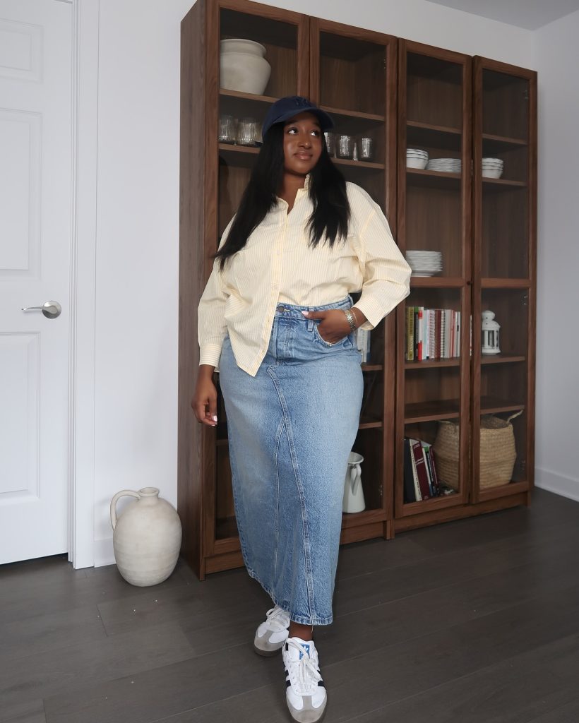 Denim Midi Skirt with Button Up Shirt