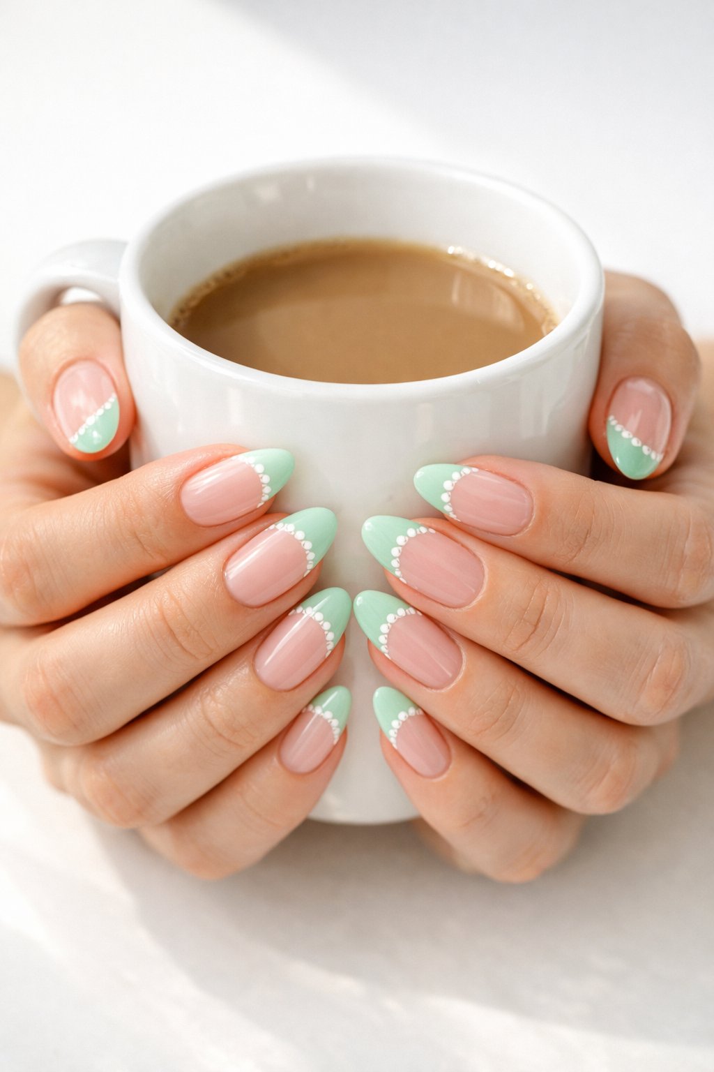 Top-down view of hands gently holding a white ceramic mug. The nails are long and oval with a sheer pink base and crisp mint green French tips. A line of microscopic white hearts runs along the entire pastel tip line. Bright, clean sunlight showcases the dainty detail. The aesthetic is fresh and polished.