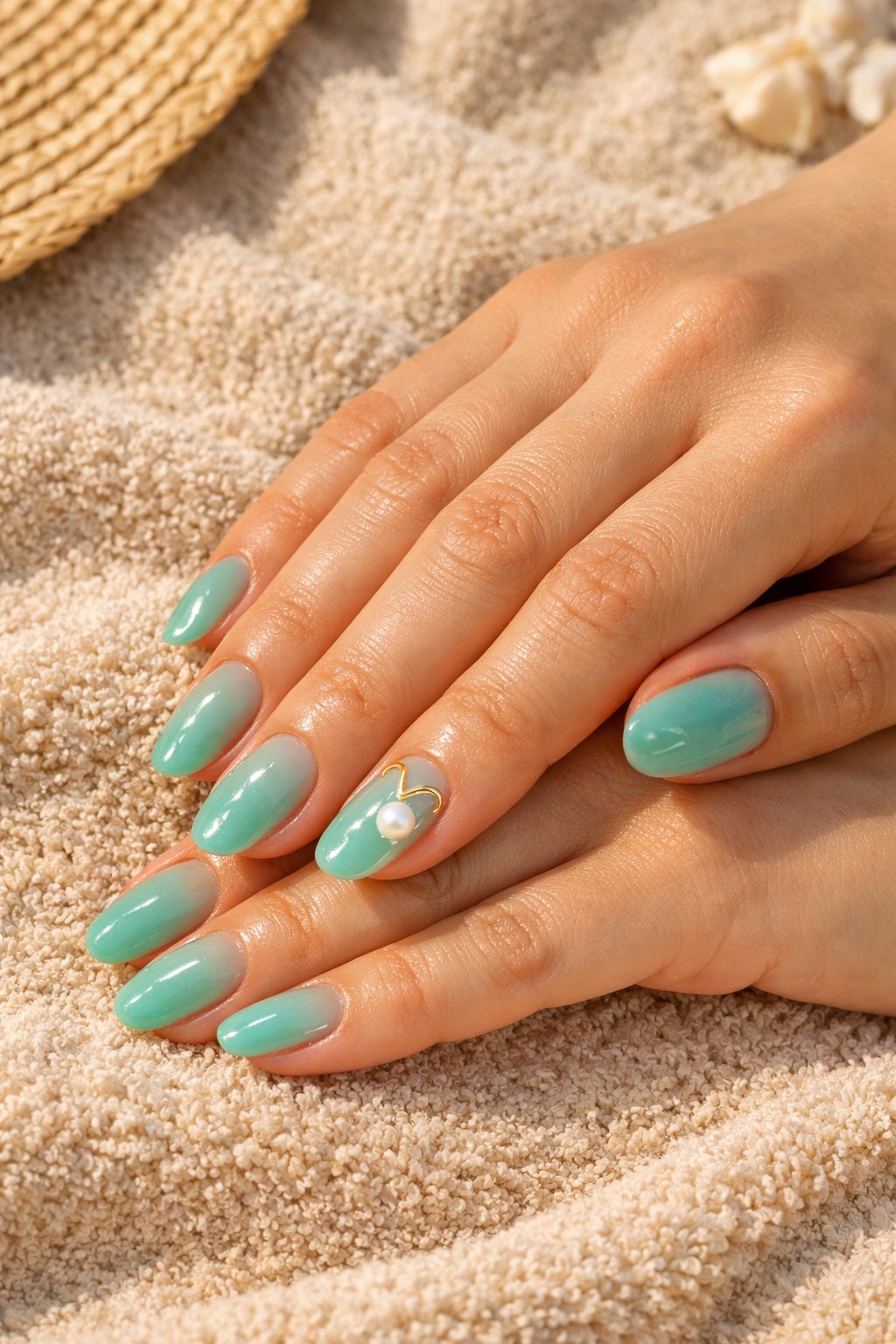 Top-down view of hands resting on a sandy-colored beach towel. The nails are a medium oval with a translucent seafoam green jelly finish. On the ring finger, a small pearl sits near the tip, with a delicate gold line completing the heart shape above it. Sunlight gives the pearl and gold a soft glow. The vibe is breezy and romantic.