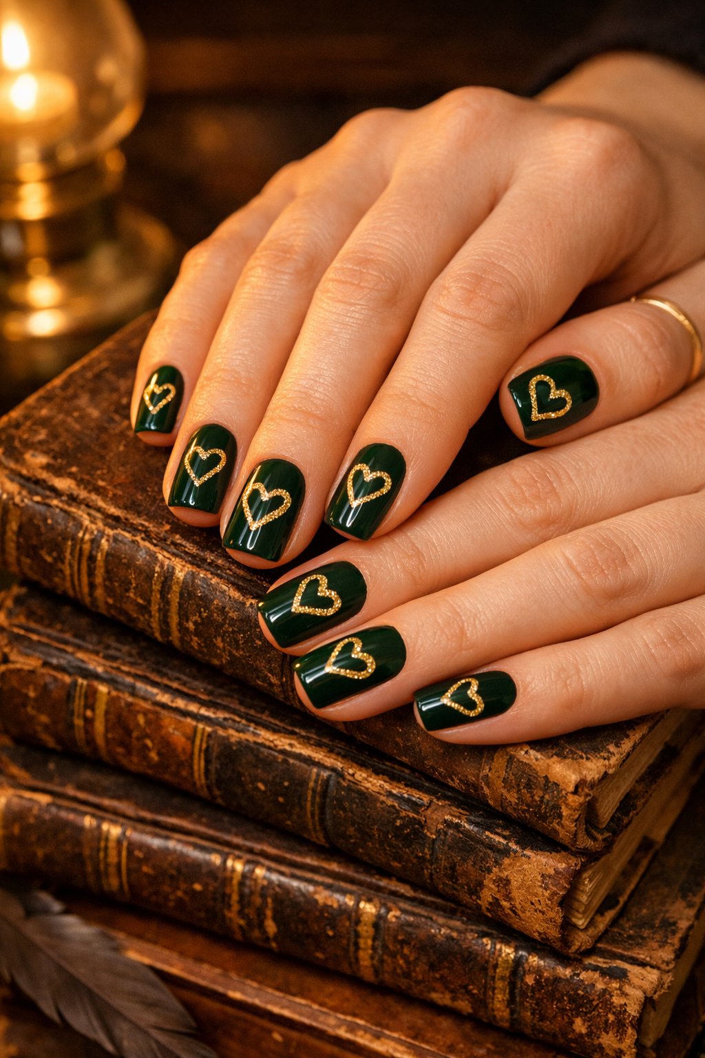 Top-down view of hands resting on a stack of old books. The nails are a deep, glossy hunter green. On each nail, a heart is outlined with a thin, textured strip of gold leaf. Warm lamplight makes the gold gleam against the dark green. The atmosphere is studious and opulent.