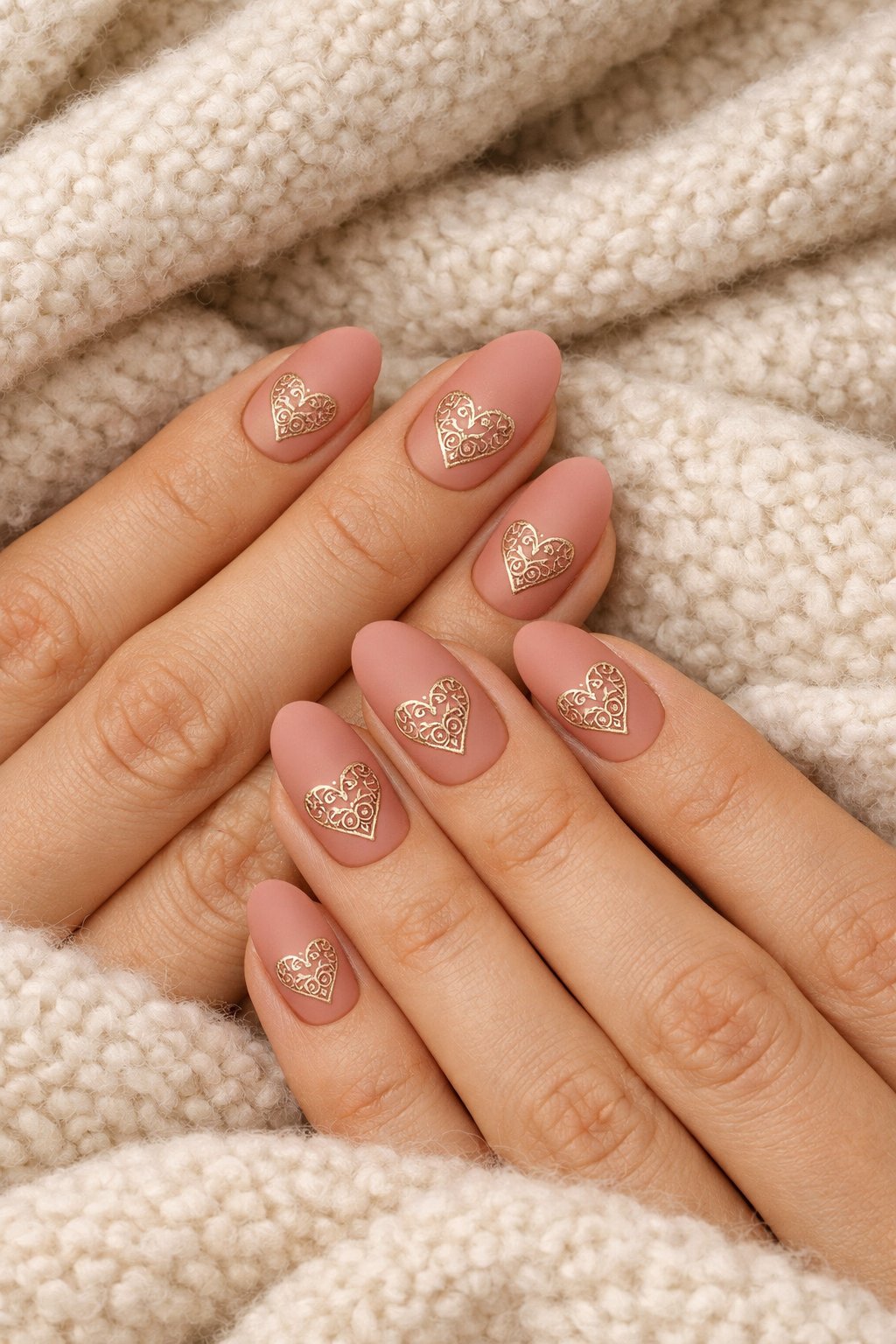 Top-down view of hands gently resting on a soft, wool blanket. The nails are a medium oval shape, painted a matte rose blush. On each nail, a dainty, filigree-style heart is drawn with fine, metallic gold line work. Soft, diffused light catches the intricate gold details. The aesthetic is romantic and artistic.