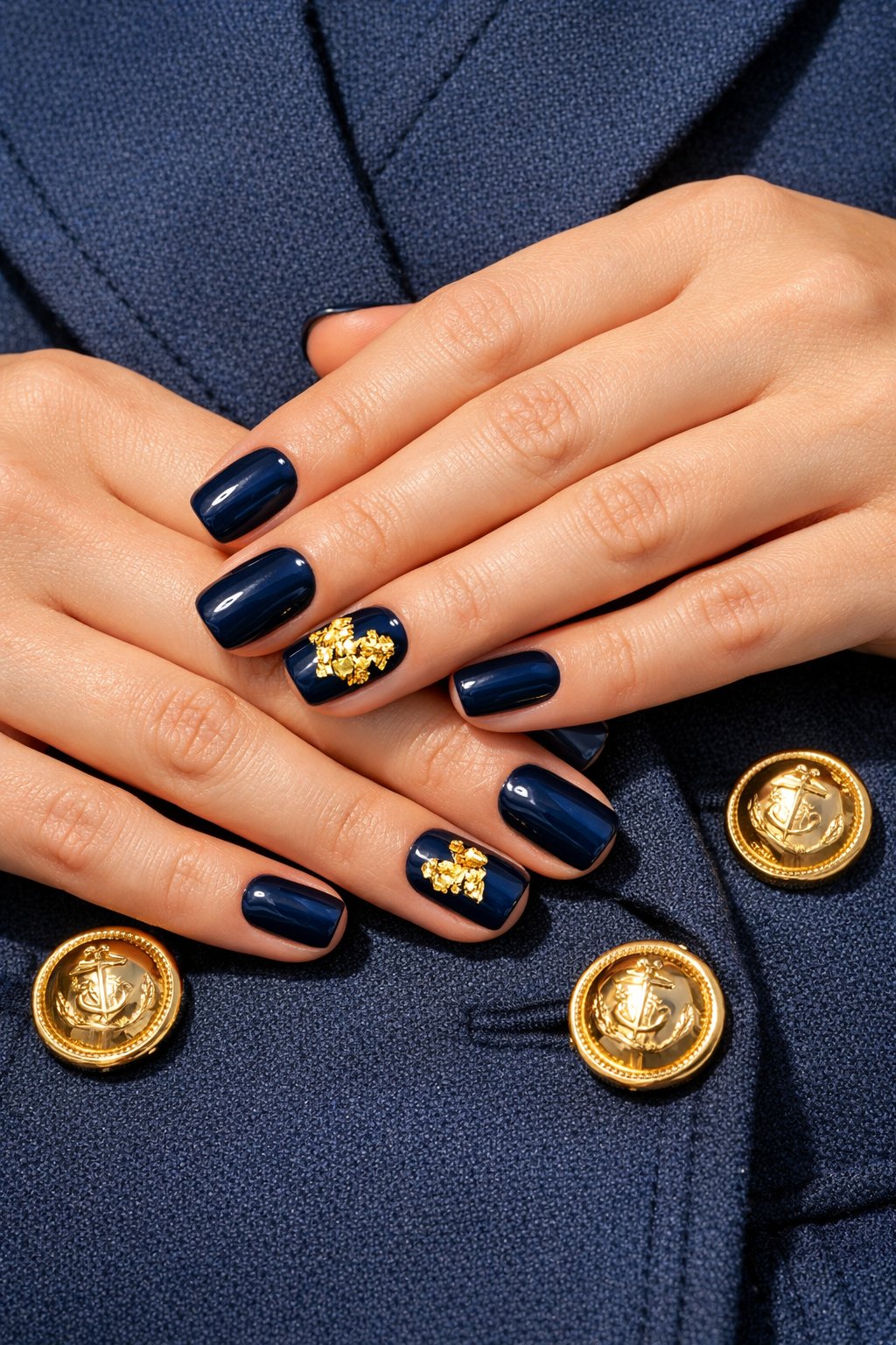 Top-down view of hands resting on a navy blue blazer with gold buttons. The nails are short and squared, painted a glossy midnight navy. On the ring finger, delicate shards of gold leaf are placed to form a deconstructed heart. Sunlight highlights the gold against the dark blue. The atmosphere is preppy and opulent.