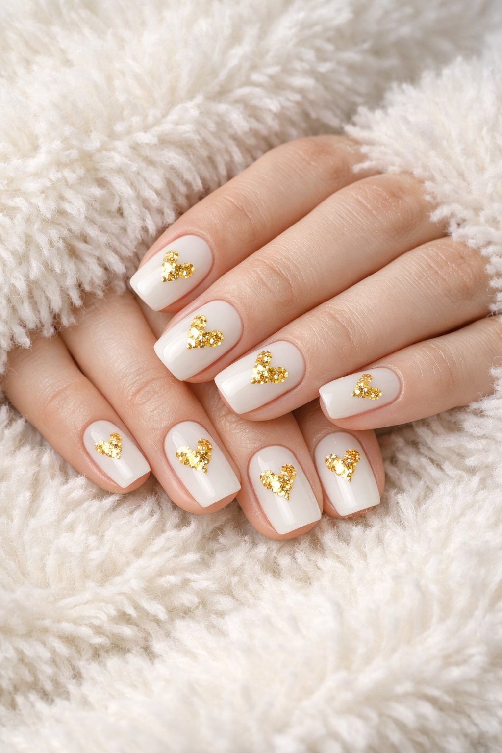 Top-down view of hands resting on a soft, fuzzy white rug. The nails are an opaque, milky white. Across all nails, little shards of mixed gold foils are arranged into loose heart shapes. Soft, diffused light makes the gold pieces glint softly. The feel is dreamy and artistic.