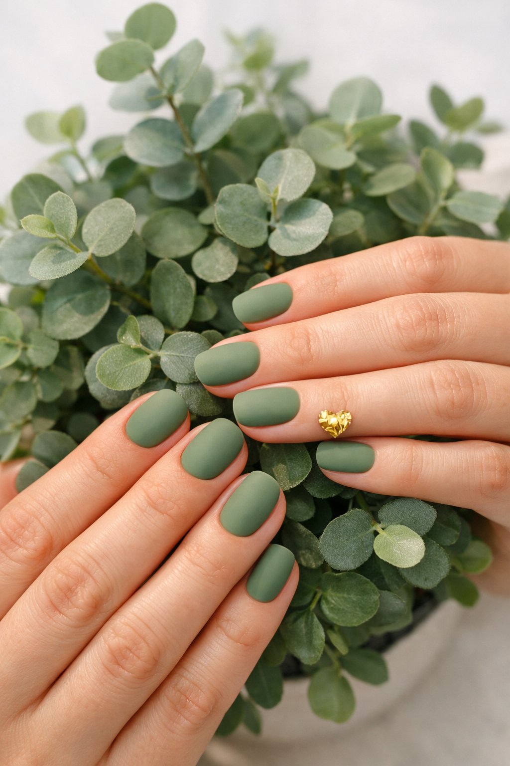 Top-down view of hands resting on a potted eucalyptus plant. The nails are short and rounded, painted a flat matte sage green. On the ring finger, a small, crinkled gold foil heart is placed near the side. Natural daylight makes the gold shine softly against the green. The aesthetic is tranquil and chic.