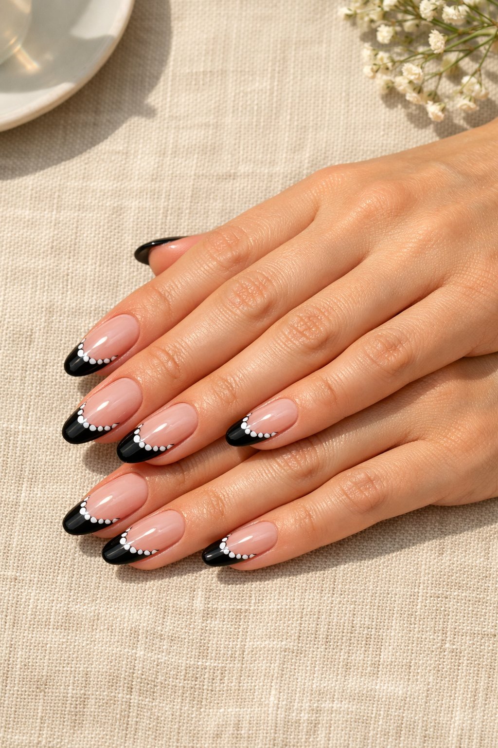 Top-down view of hands gently resting on a beige linen tablecloth. The nails are long and oval with a sheer pink base and thin, glossy black French tips. A line of microscopic white hearts runs along the entire smile line on each nail. Sunlit, bright lighting showcases the intricate detail. The aesthetic is polished and sweet.
