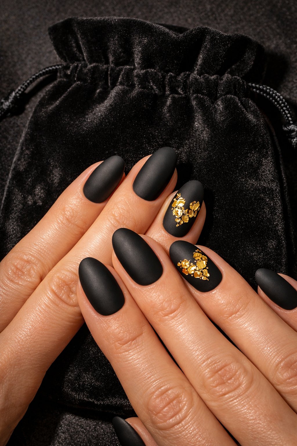 Top-down view of hands resting on a black velvet jewelry pouch. The nails are oval, coated in a soft matte black. On the ring finger, delicate, irregular shards of gold leaf are placed to form a deconstructed heart. Warm, directional light makes the gold gleam against the dark background. The atmosphere is moody and opulent.