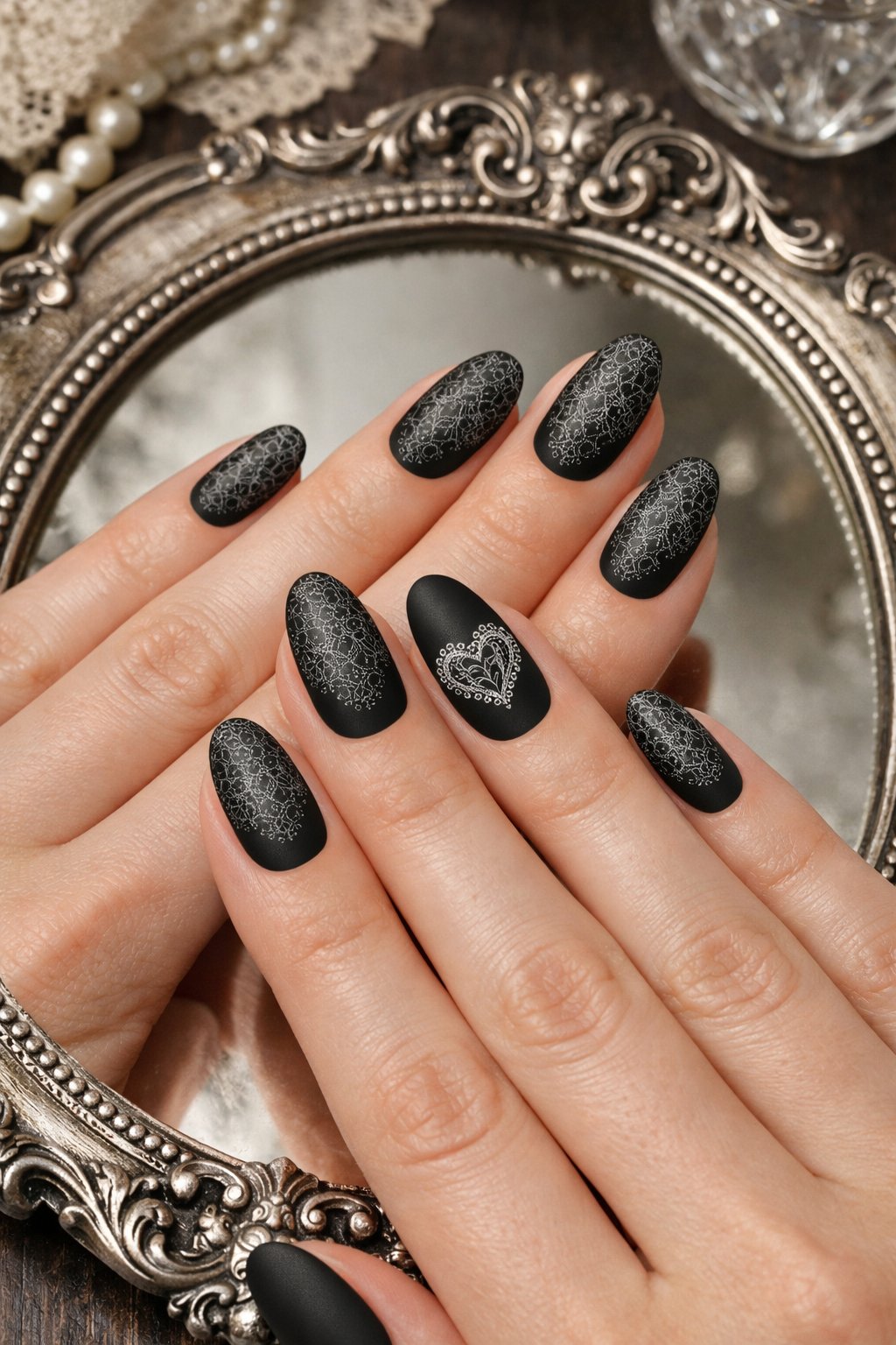 Top-down view of hands resting on an antique silver-framed mirror. The nails are oval with a soft matte black base. A fine, grey lace pattern is painted over all nails. On the ring finger, the lace forms a perfect, intricate heart in the center. Soft, diffused light highlights the delicate tracery. The mood is Victorian and romantic.
