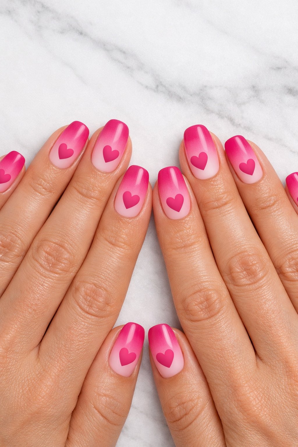 Top-down view of hands laid flat on a white marble surface. The nails feature a smooth airbrushed ombré from magenta to baby pink. On each nail, a solid matte pink heart (in a shade from the ombré) sits slightly off-center. Even studio lighting highlights the smooth gradient and texture contrast. The look is modern and passionate.