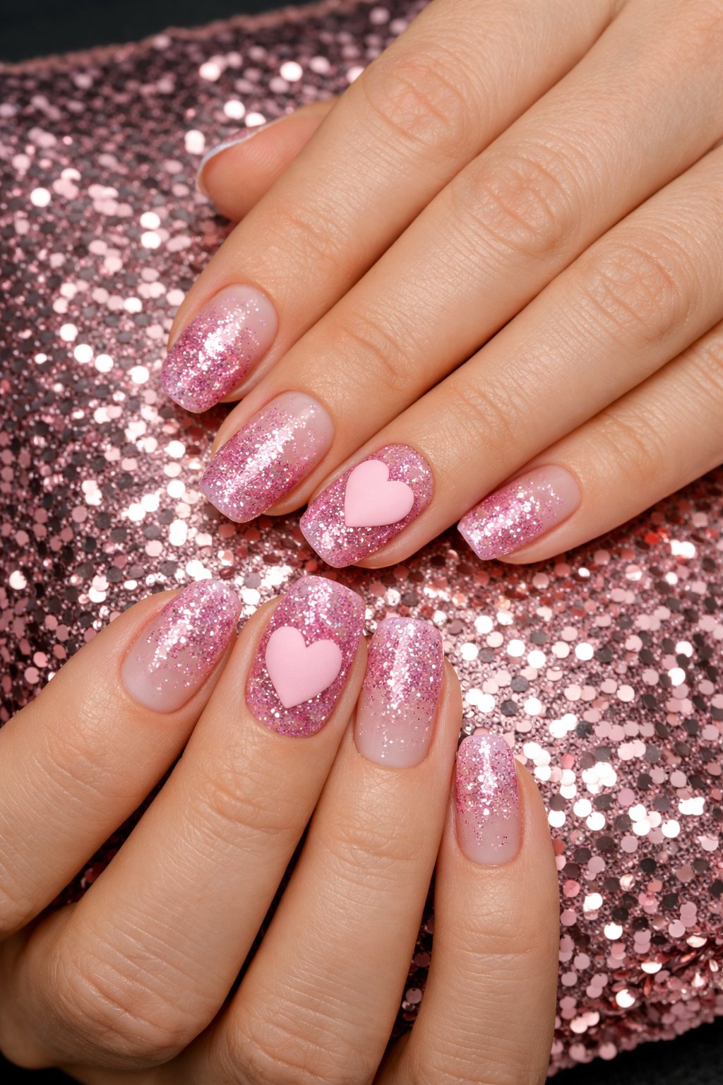 Top-down view of hands resting on a sequined pillow. The manicure is a gradient of fine pink glitter from the tip upward. On the ring finger, a solid, matte pastel pink heart is placed in the center of the glittery area. Studio lights make the glitter sparkle behind the matte shape. The feel is glamorous and clever