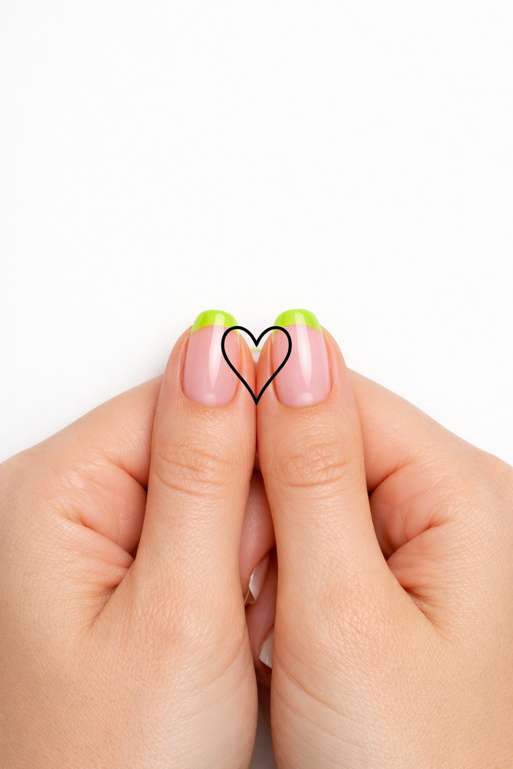 Top-down view of two hands placed close together on a white surface. The nails have sheer bases and neon chartreuse French tips. A single, unbroken thin black line starts on one tip, curves down, and completes a heart by connecting to the line on the next finger. Bright light ensures the graphic line is sharp. The concept is modern and connected.