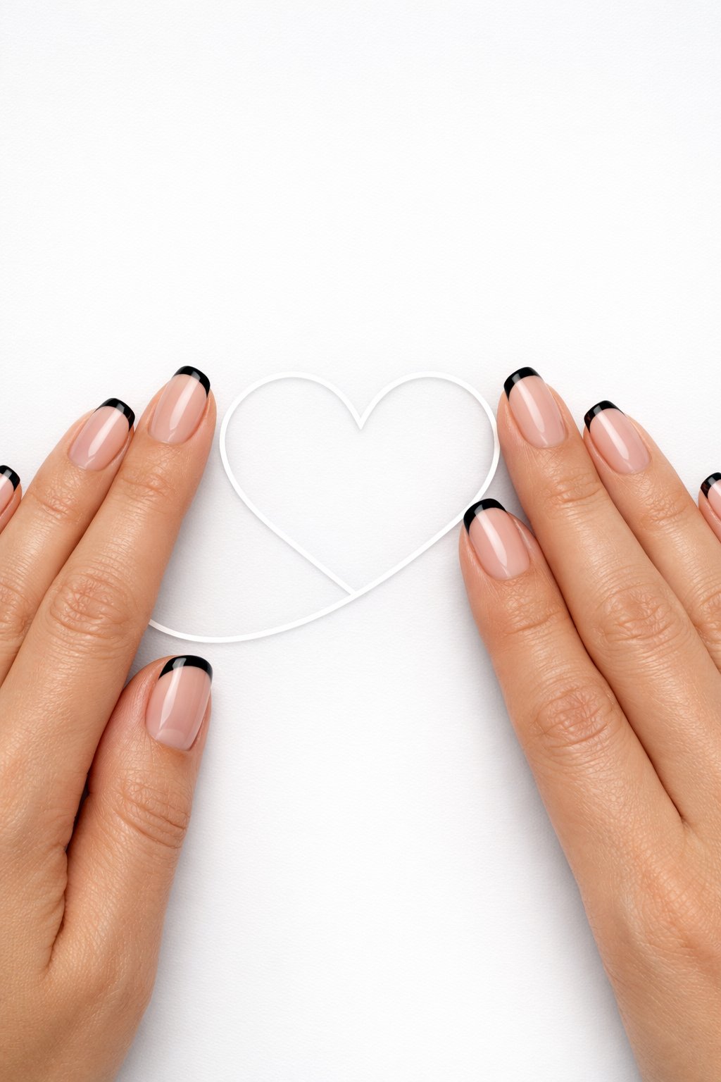 Top-down view of two hands placed close together on a white sheet of paper. The nails have sheer bases and thin black French tips. A single, unbroken thin white line starts on the tip of the index finger, curves down, and completes a heart by connecting to the line on the middle finger. Bright light ensures the graphic line is sharp and clear. The concept is modern and connected.