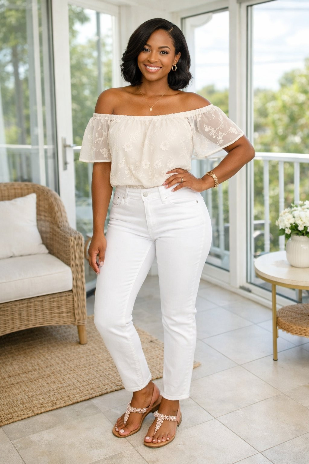White Jeans With Off Shoulder Top