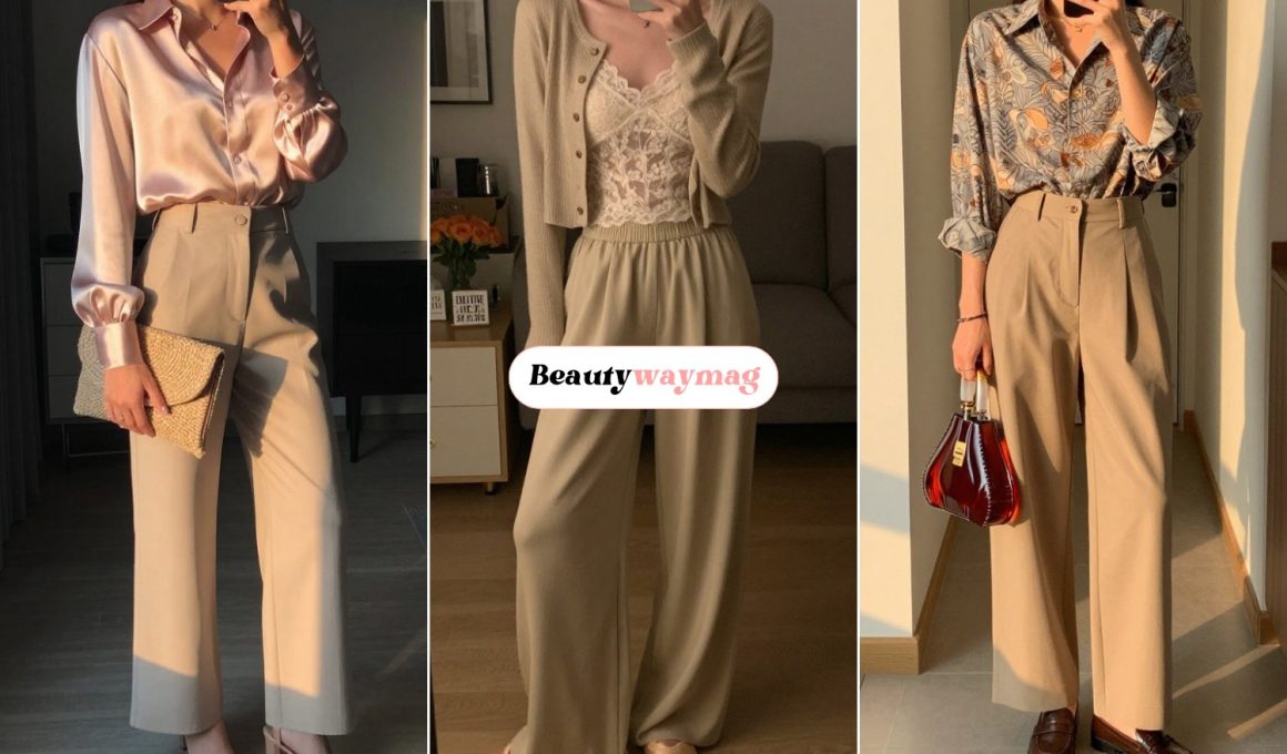Neutral Beige Wide Leg Pants Outfit Ideas