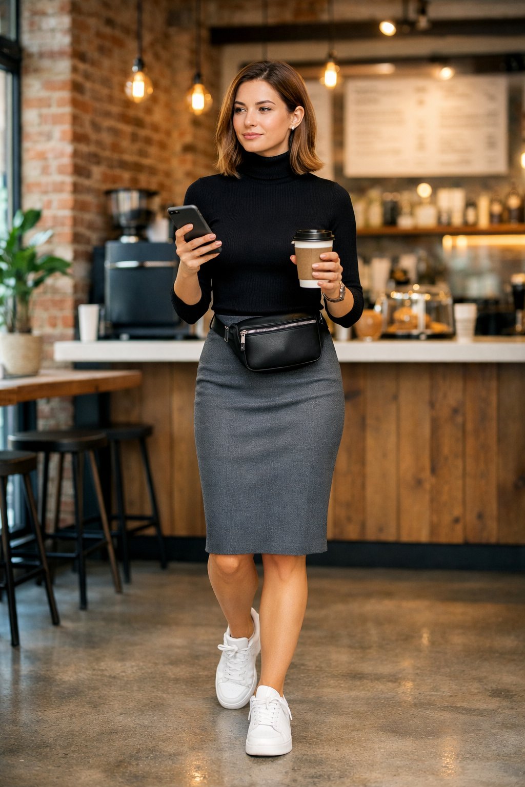 A creative professional in her 20s grabbing a coffee from a trendy shop, phone in hand. She wears a grey pencil skirt and a black fitted turtleneck. Clean white sneakers and a belt bag make the look modern, comfortable, and put-together.