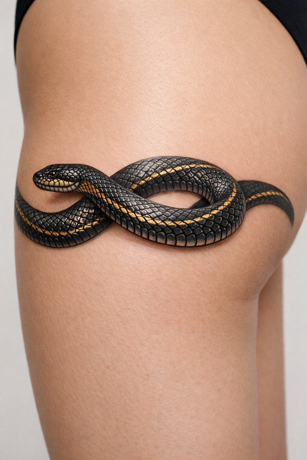 A sideview of a finely detailed snake tattoo with intricate scales, coiled once around the mid-thigh. Drawn in black and subtle gold accents. Let the tattoo be drawn neatly and look very natural and very tattoo like on the skin