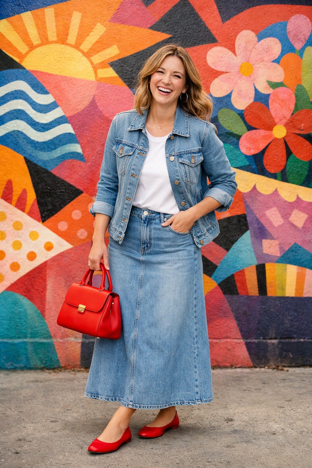 A stylish woman posing in front of a colorful mural, laughing. She wears a head-to-toe light denim look: a long skirt and jacket over a white tee. Bright red flats and a matching bag provide a perfect, playful pop of color.