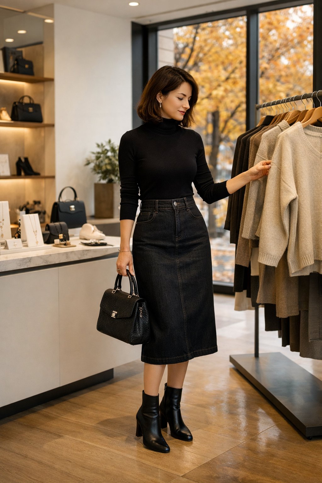 A woman browsing in a sleek, modern boutique on a crisp fall day. She wears a dark high-waisted denim skirt and a black turtleneck tucked in. Black ankle boots and a textured bag complete the sophisticated, monochromatic look.