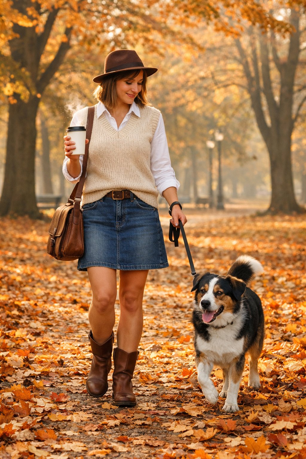 A woman holding a hot coffee while walking a dog through a leaf-covered park on a cool morning. She wears a denim skirt, a white collared shirt, and a cream knit vest. Brown boots and a satchel look classic and autumnal.