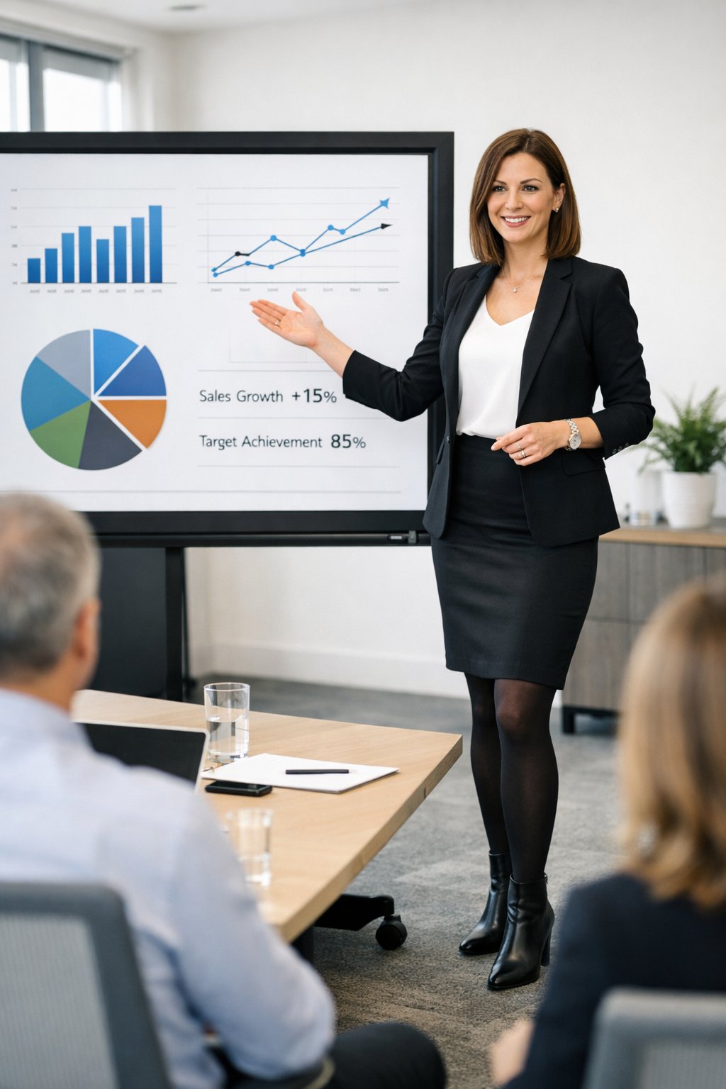 A woman leading a workshop in a conference room, standing next to a presentation screen. She wears a black pencil skirt, a white shell, and a sharp black blazer. Black tights and ankle boots complete the powerful, commanding professional look.