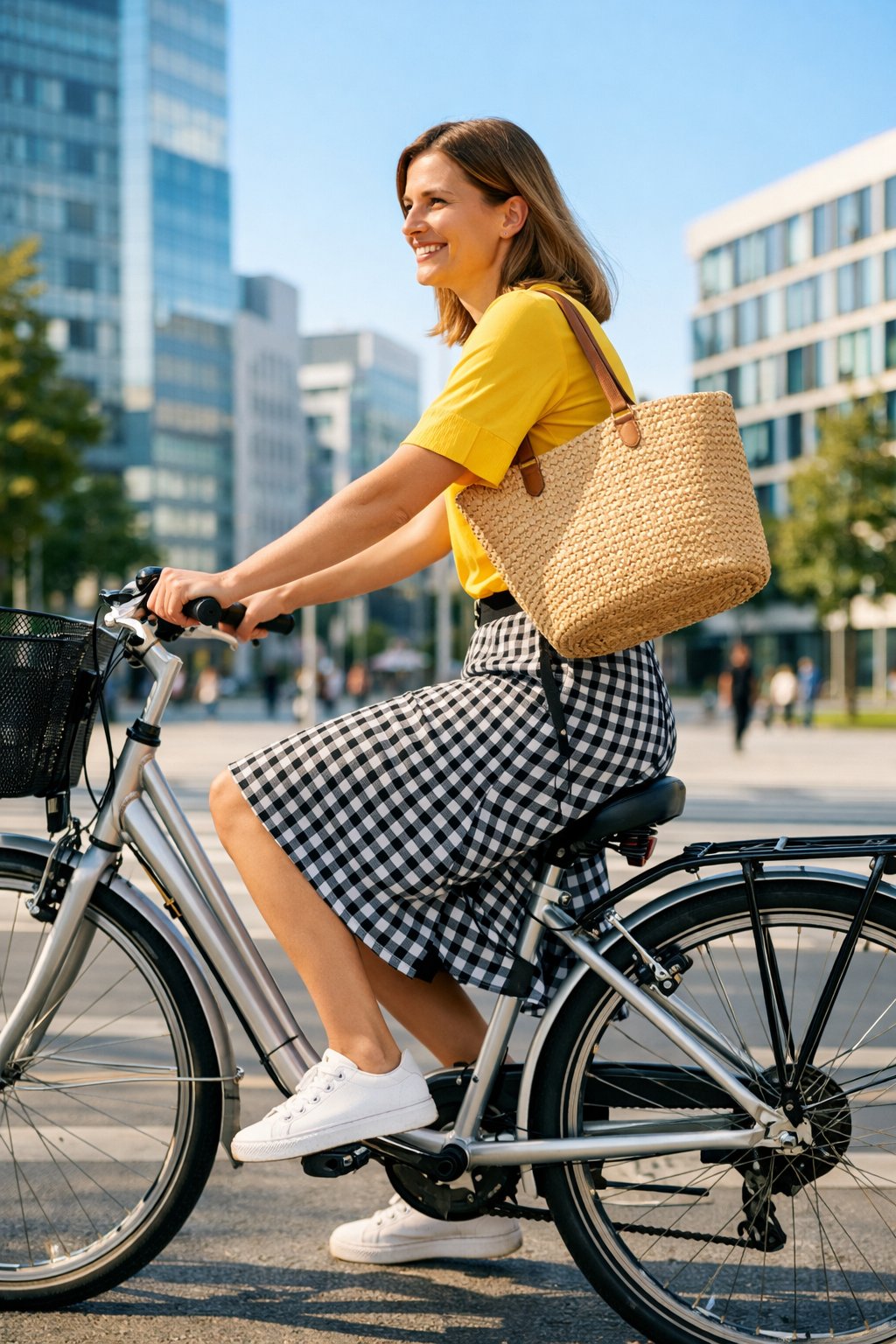 A woman riding a city bike to work, her skirt secured with a clip. She wears a chic black-and-white gingham skirt and a bright yellow blouse. Clean white sneakers and a straw tote make the outfit functional and cheerful for a warm-weather office day.