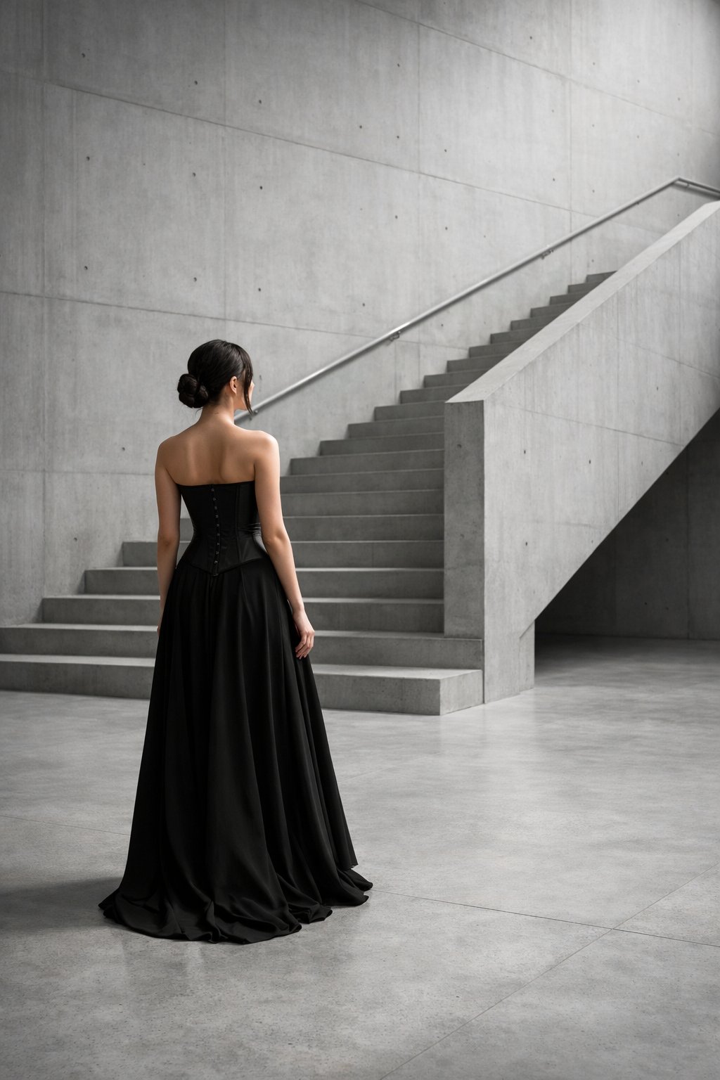 A woman standing in a vast, minimalist concrete space, like a modern museum staircase. She wears an all-black outfit: a long, flowing skirt and a simple black corset. The stark setting highlights the clean, powerful, and sculptural shape of her silhouette.