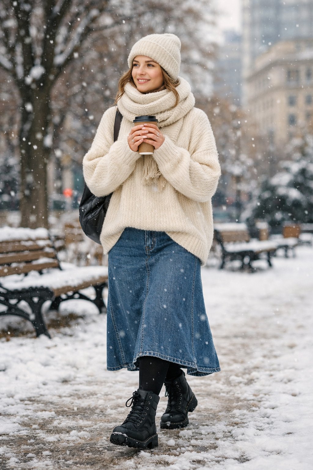 A woman walking through a light snowfall in a city park, holding a takeaway coffee for warmth. She wears a long denim skirt over black tights, combat boots, and a huge cream sweater. A beanie and scarf complete the cozy, wintry look.