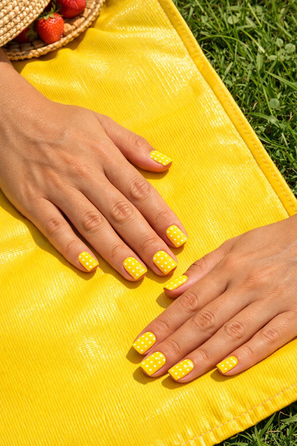 Bird's-eye view of hands on a yellow vinyl picnic blanket. The square nails are a flat bright yellow, with a neat grid of small white dots. The setting is a sunny, grassy park.