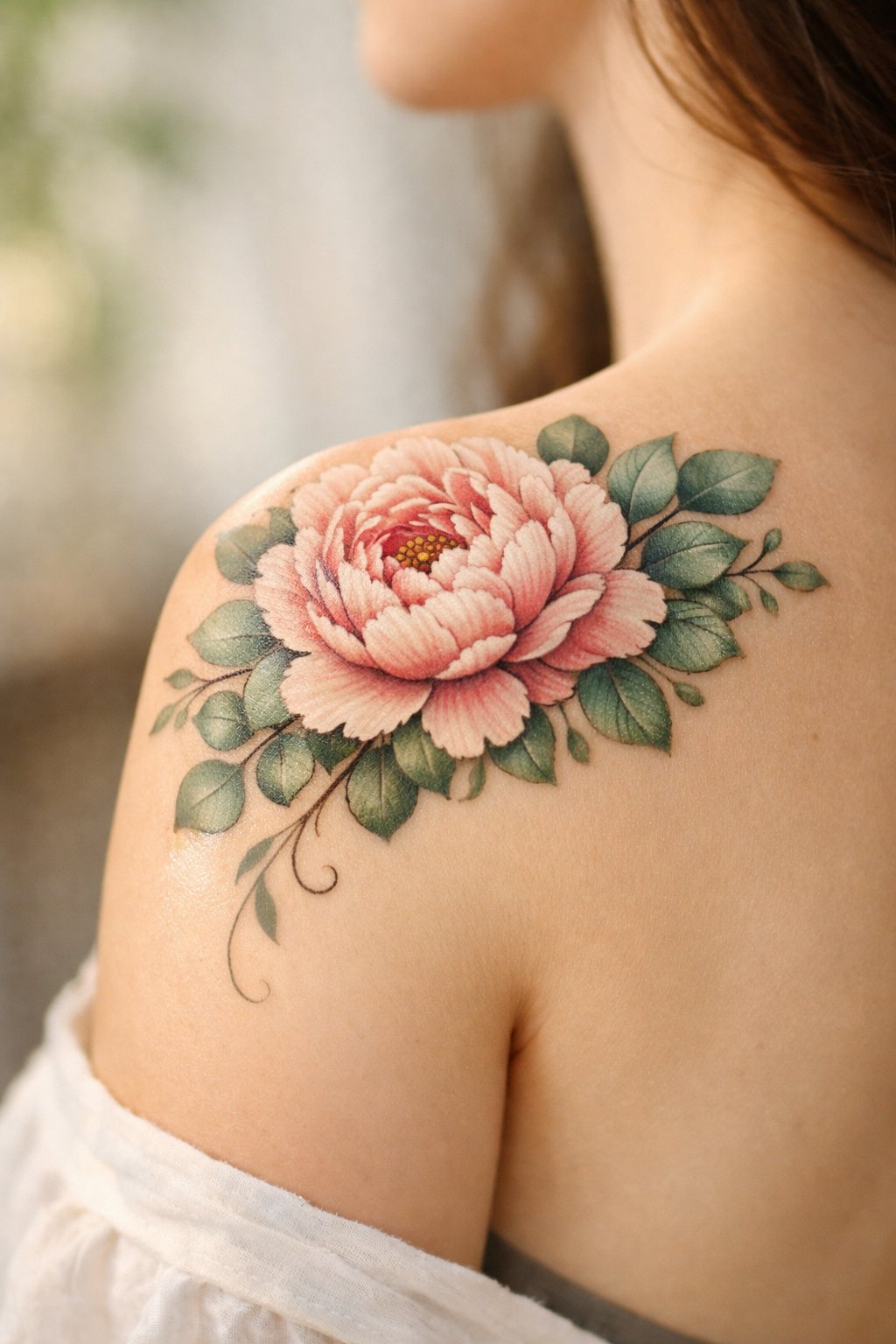 Close-up of a floral shoulder cap tattoo on a woman's bare shoulder. Focus on the detailed petals and leaves of a peony and eucalyptus cluster, with a single vine curling over the curve of the deltoid. Soft morning light."
