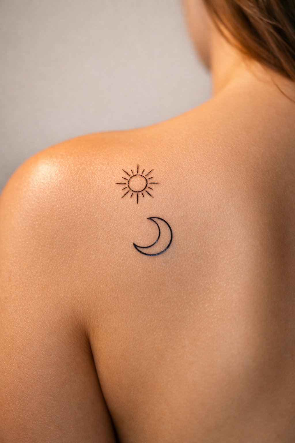 Close-up of a tiny line-art sun and a simple crescent moon tattoo on the shoulder blade. The designs are separate but aligned. Warm, golden light highlights the sun, cool light on the moon."